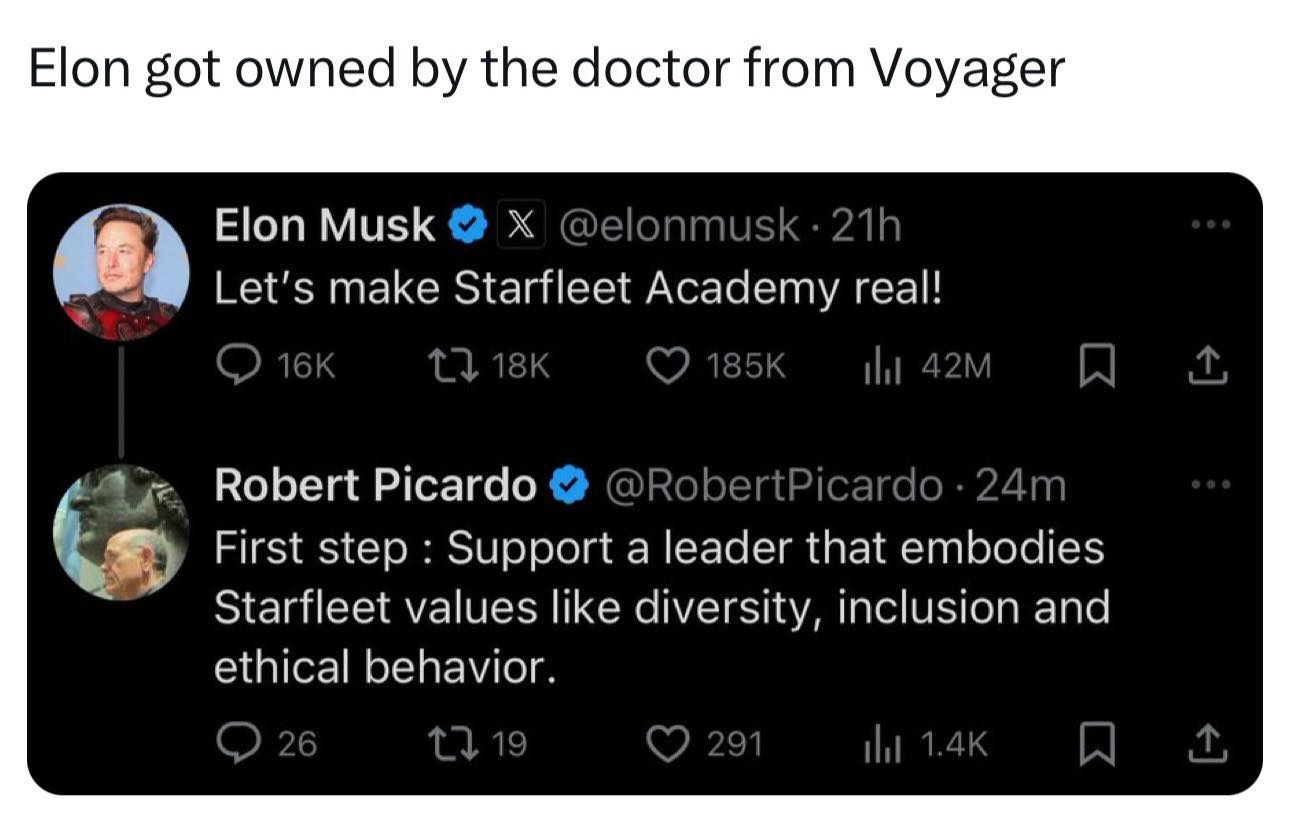 The meme is a screenshot of a Twitter conversation between Elon Musk and Neil deGrasse Tyson. Elon Musk tweets "Let's make Starfleet Academy a reality" and Neil deGrasse Tyson responds with a quote from Star Trek: "The needs of the many outweigh the needs of the few... or the one."